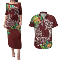 Polynesia Couples Matching Puletasi and Hawaiian Shirt Sharks Duo Tropical Oxblood LT7 Oxblood - Polynesian Pride