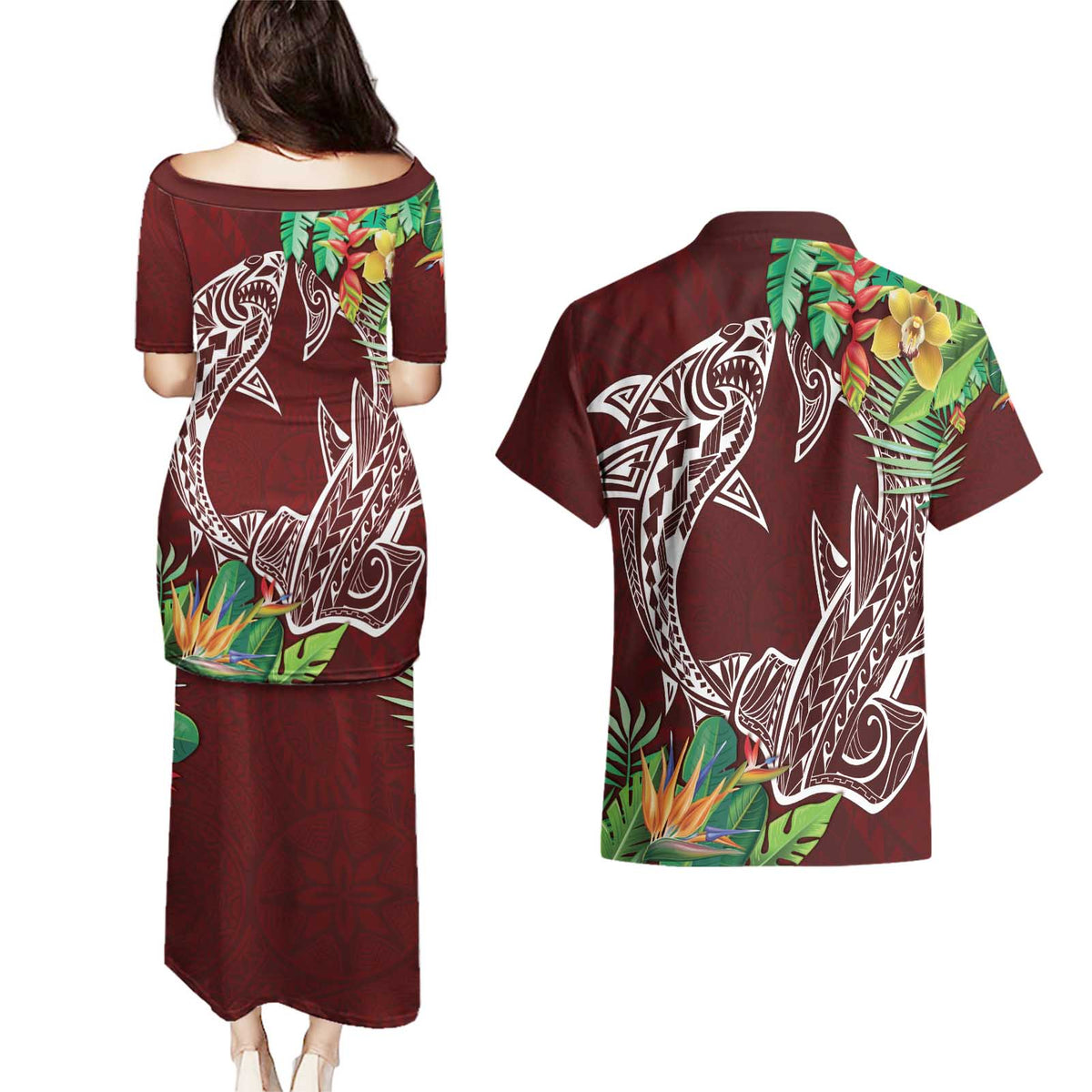 Polynesia Couples Matching Puletasi and Hawaiian Shirt Sharks Duo Tropical Oxblood LT7 - Polynesian Pride