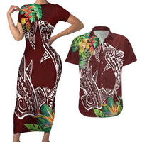 Polynesia Couples Matching Short Sleeve Bodycon Dress and Hawaiian Shirt Sharks Duo Tropical Oxblood LT7 Oxblood - Polynesian Pride