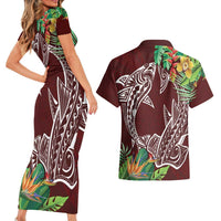 Polynesia Couples Matching Short Sleeve Bodycon Dress and Hawaiian Shirt Sharks Duo Tropical Oxblood LT7 - Polynesian Pride