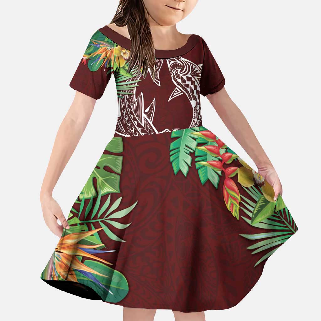 Polynesia Family Matching Long Sleeve Bodycon Dress and Hawaiian Shirt Sharks Duo Tropical Oxblood LT7 Daughter's Dress Oxblood - Polynesian Pride
