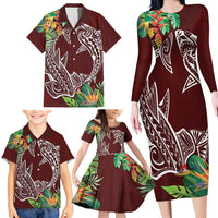 Polynesia Family Matching Long Sleeve Bodycon Dress and Hawaiian Shirt Sharks Duo Tropical Oxblood LT7 - Polynesian Pride