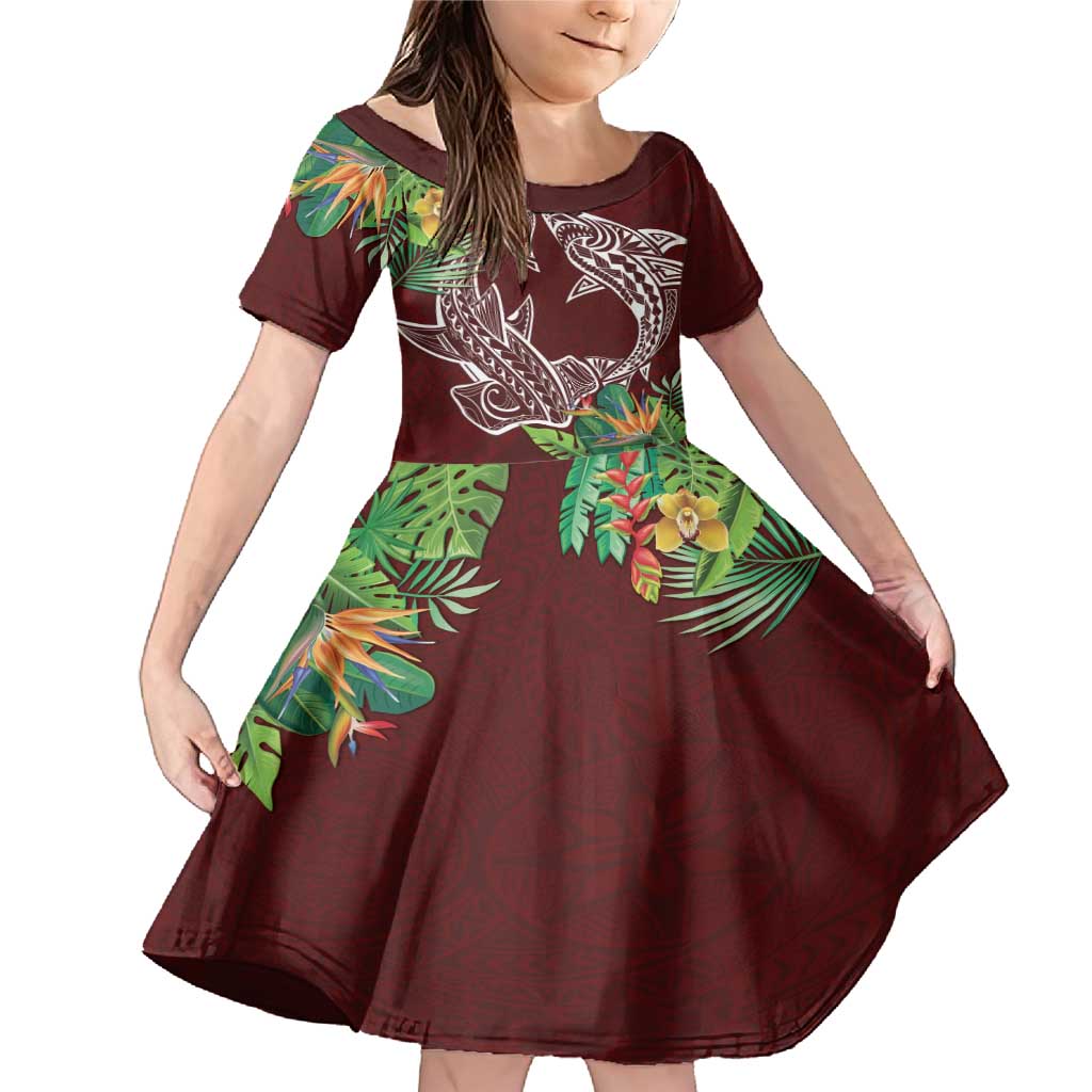 Polynesia Family Matching Mermaid Dress and Hawaiian Shirt Sharks Duo Tropical Oxblood LT7 Daughter's Dress Oxblood - Polynesian Pride