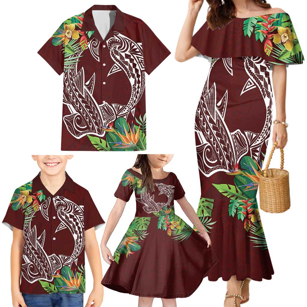 Polynesia Family Matching Mermaid Dress and Hawaiian Shirt Sharks Duo Tropical Oxblood LT7 - Polynesian Pride
