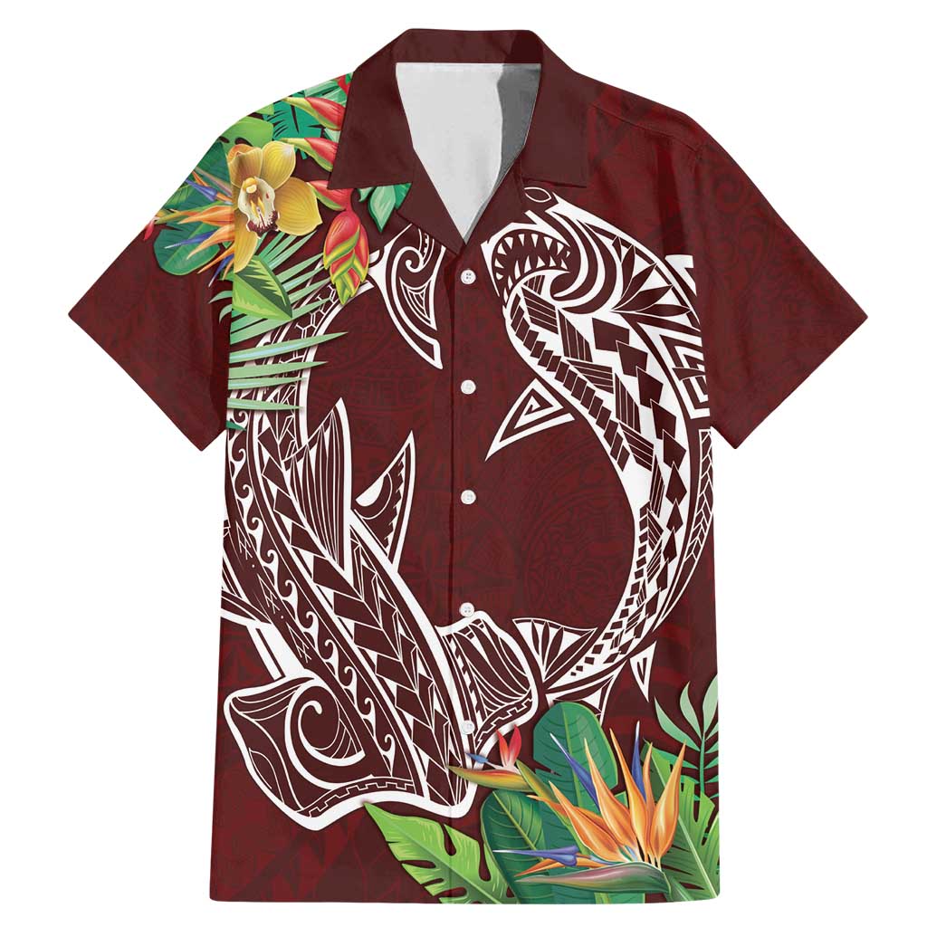 Polynesia Family Matching Mermaid Dress and Hawaiian Shirt Sharks Duo Tropical Oxblood LT7 Dad's Shirt - Short Sleeve Oxblood - Polynesian Pride