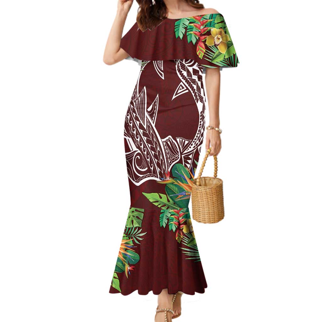 Polynesia Family Matching Mermaid Dress and Hawaiian Shirt Sharks Duo Tropical Oxblood LT7 Mom's Dress Oxblood - Polynesian Pride