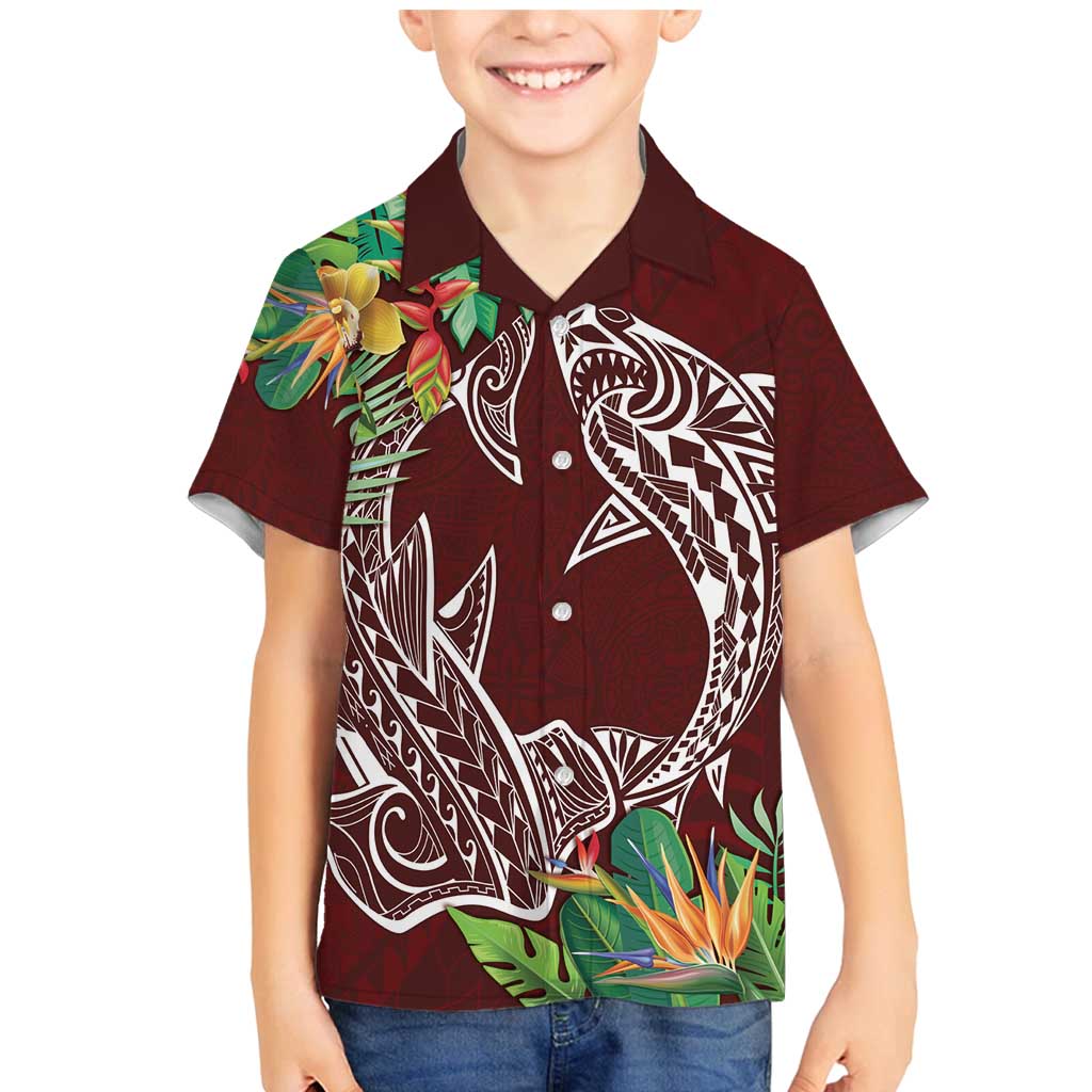 Polynesia Family Matching Mermaid Dress and Hawaiian Shirt Sharks Duo Tropical Oxblood LT7 Son's Shirt Oxblood - Polynesian Pride