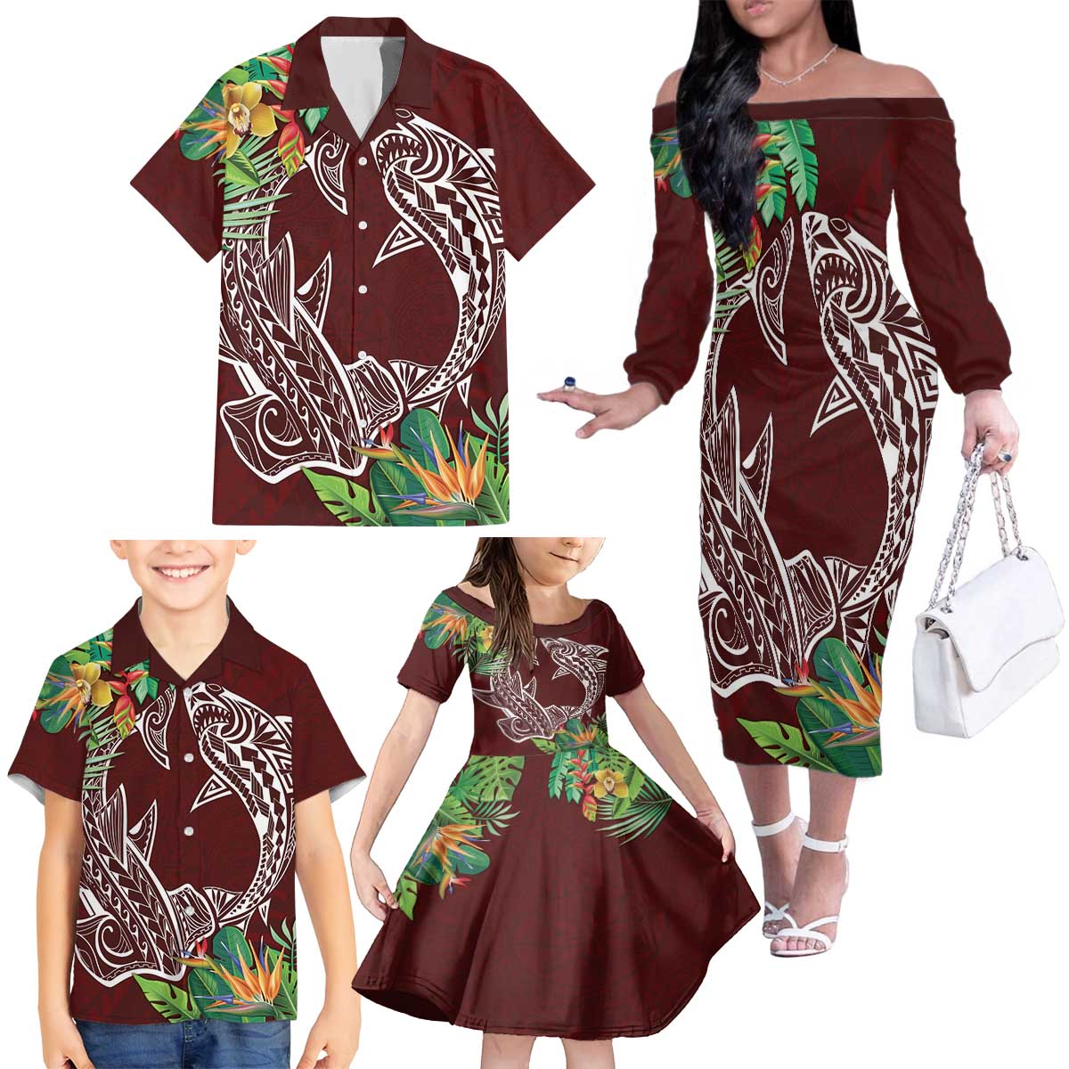 Polynesia Family Matching Off The Shoulder Long Sleeve Dress and Hawaiian Shirt Sharks Duo Tropical Oxblood LT7 - Polynesian Pride