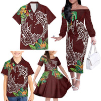 Polynesia Family Matching Off The Shoulder Long Sleeve Dress and Hawaiian Shirt Sharks Duo Tropical Oxblood LT7 - Polynesian Pride