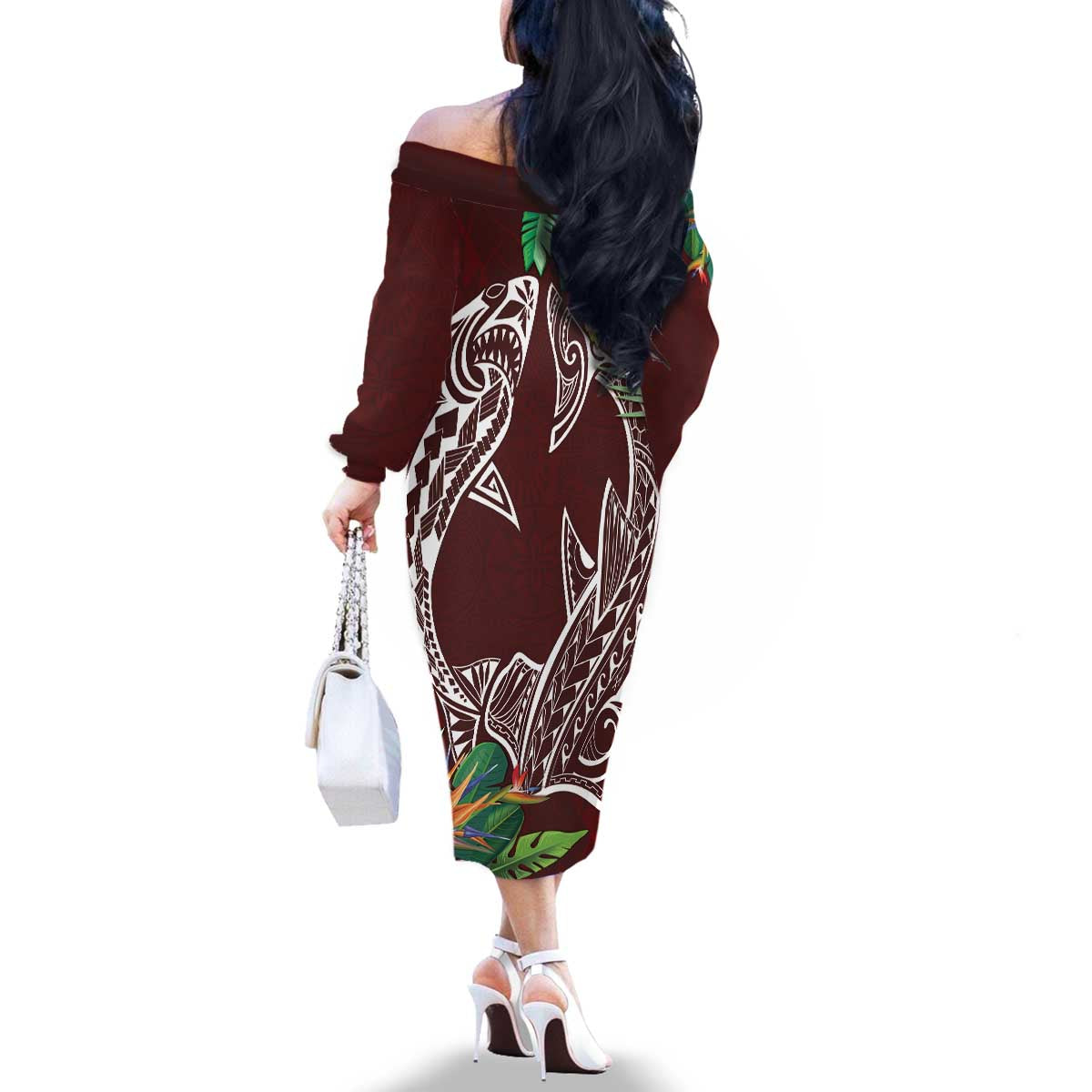 Polynesia Family Matching Off The Shoulder Long Sleeve Dress and Hawaiian Shirt Sharks Duo Tropical Oxblood LT7 - Polynesian Pride