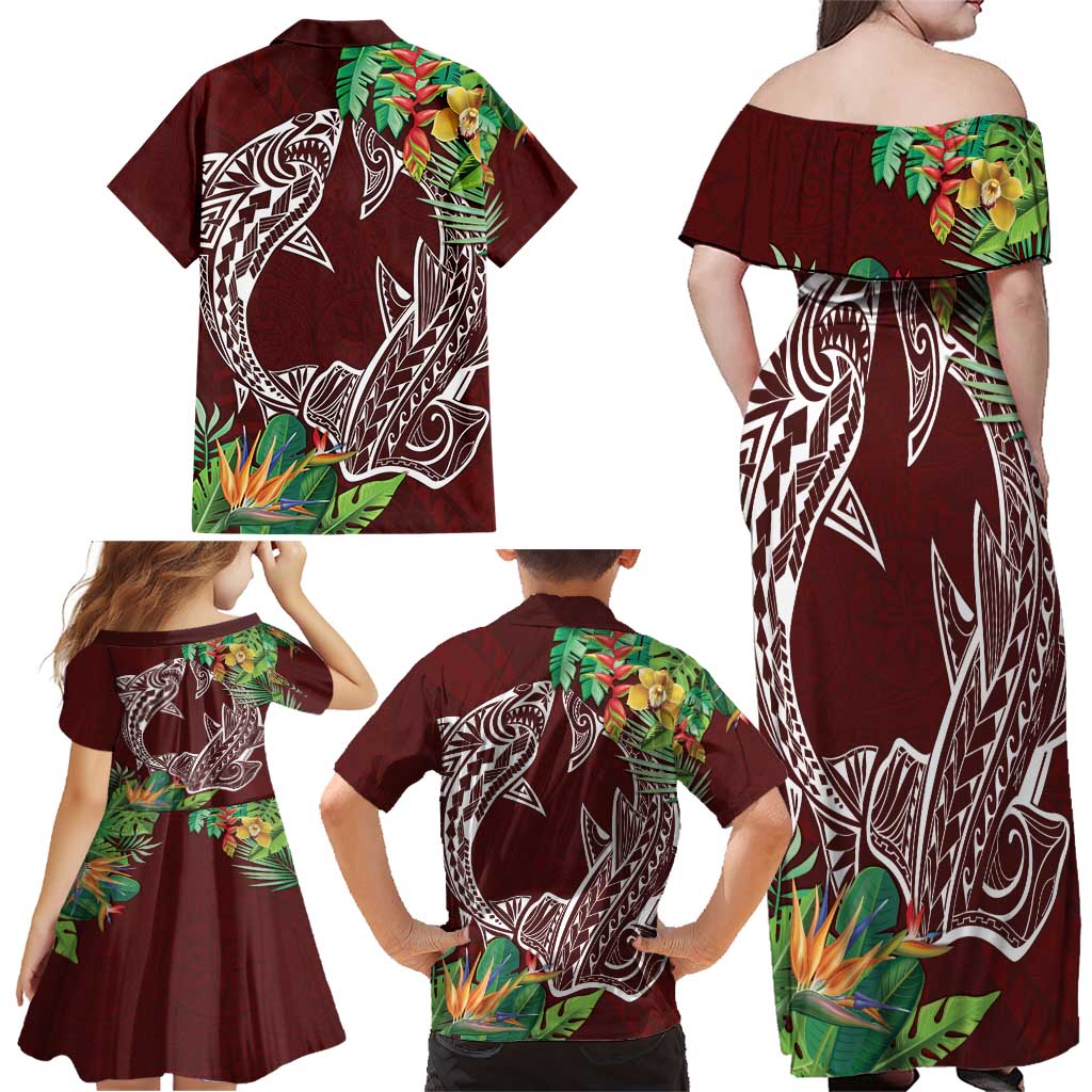 Polynesia Family Matching Off Shoulder Maxi Dress and Hawaiian Shirt Sharks Duo Tropical Oxblood LT7 - Polynesian Pride