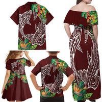 Polynesia Family Matching Off Shoulder Maxi Dress and Hawaiian Shirt Sharks Duo Tropical Oxblood LT7 - Polynesian Pride