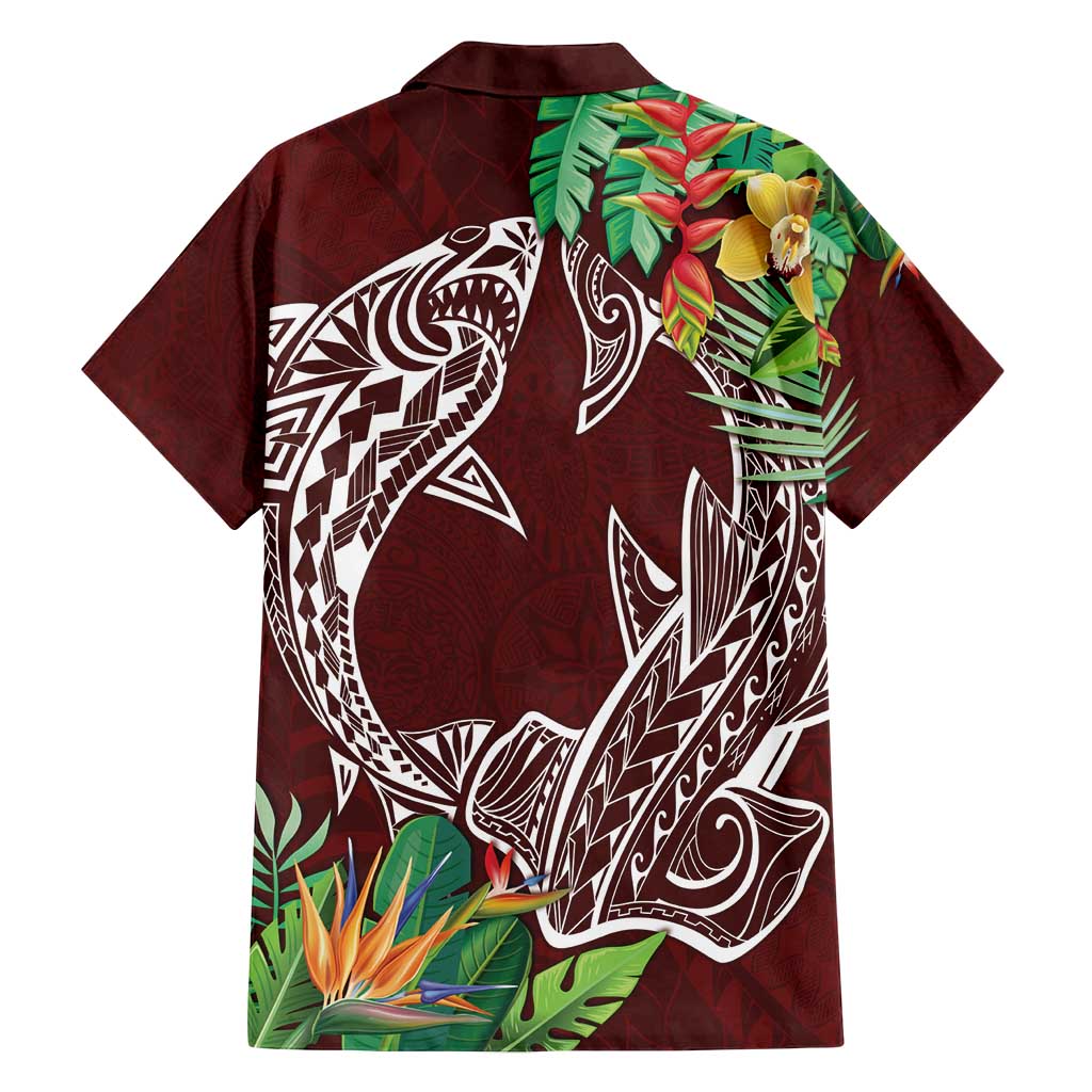 Polynesia Family Matching Off Shoulder Maxi Dress and Hawaiian Shirt Sharks Duo Tropical Oxblood LT7 - Polynesian Pride