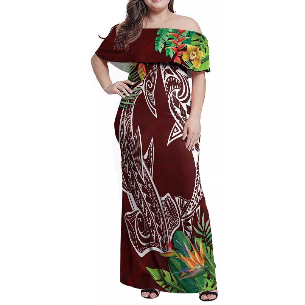 Polynesia Family Matching Off Shoulder Maxi Dress and Hawaiian Shirt Sharks Duo Tropical Oxblood LT7 Mom's Dress Oxblood - Polynesian Pride