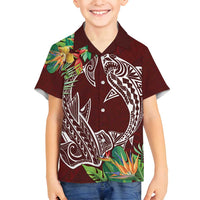 Polynesia Family Matching Off Shoulder Maxi Dress and Hawaiian Shirt Sharks Duo Tropical Oxblood LT7 Son's Shirt Oxblood - Polynesian Pride