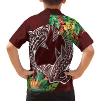 Polynesia Family Matching Off Shoulder Short Dress and Hawaiian Shirt Sharks Duo Tropical Oxblood LT7 - Polynesian Pride