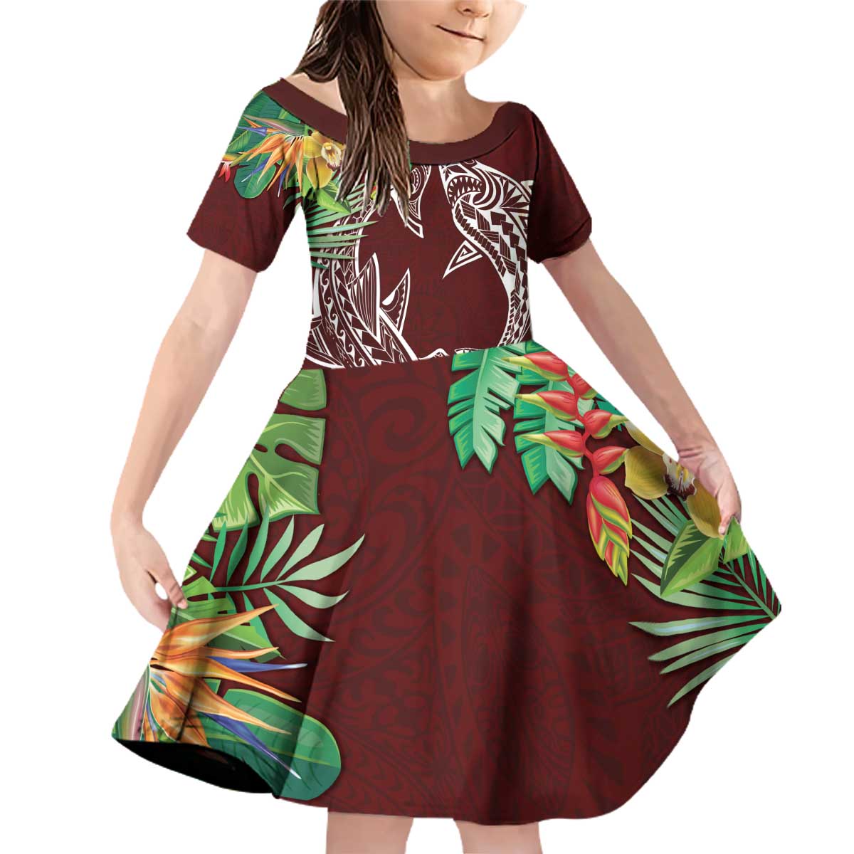 Polynesia Family Matching Off Shoulder Short Dress and Hawaiian Shirt Sharks Duo Tropical Oxblood LT7 Daughter's Dress Oxblood - Polynesian Pride