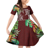 Polynesia Family Matching Off Shoulder Short Dress and Hawaiian Shirt Sharks Duo Tropical Oxblood LT7 Daughter's Dress Oxblood - Polynesian Pride
