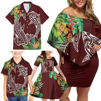 Polynesia Family Matching Off Shoulder Short Dress and Hawaiian Shirt Sharks Duo Tropical Oxblood LT7 - Polynesian Pride