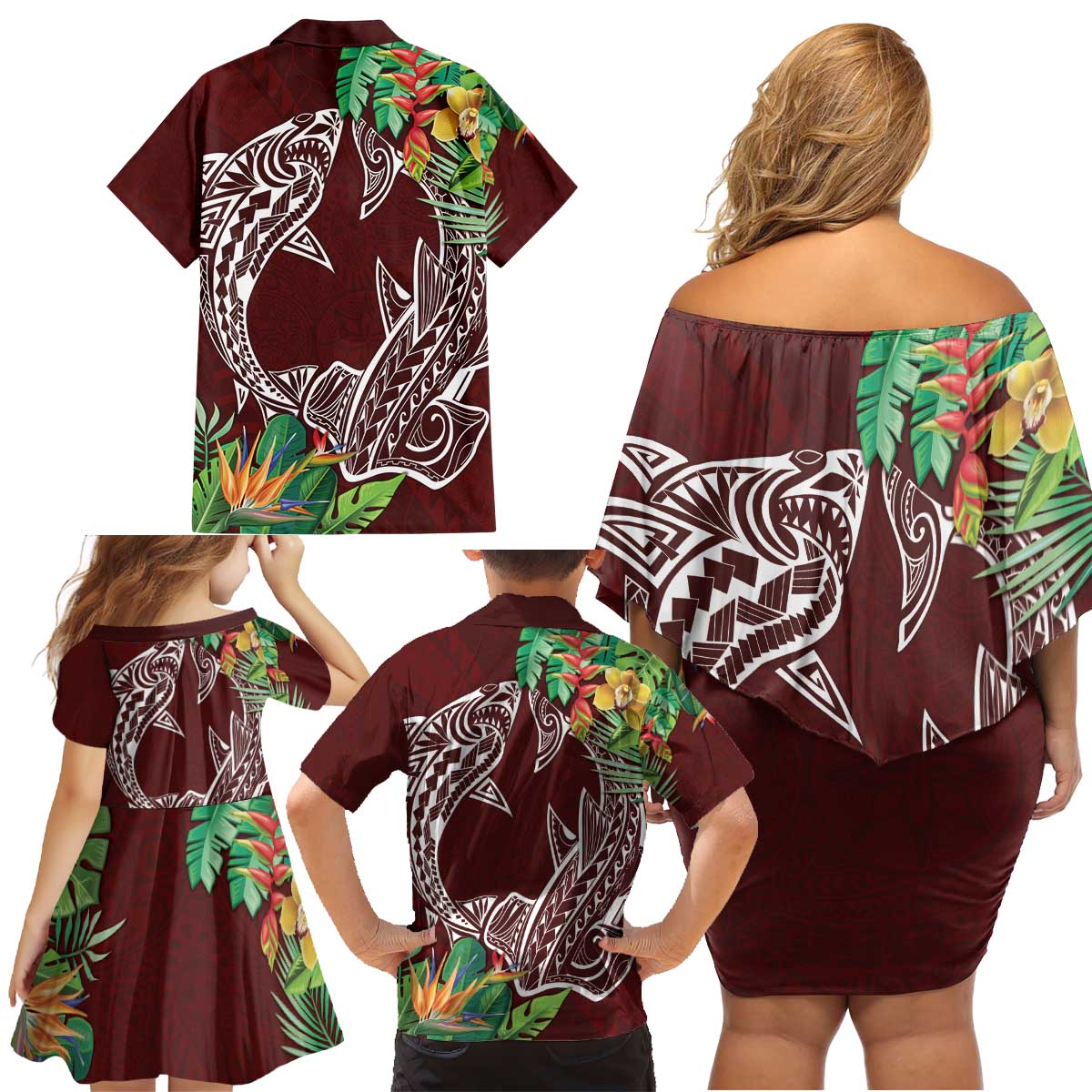 Polynesia Family Matching Off Shoulder Short Dress and Hawaiian Shirt Sharks Duo Tropical Oxblood LT7 - Polynesian Pride