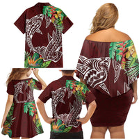 Polynesia Family Matching Off Shoulder Short Dress and Hawaiian Shirt Sharks Duo Tropical Oxblood LT7 - Polynesian Pride