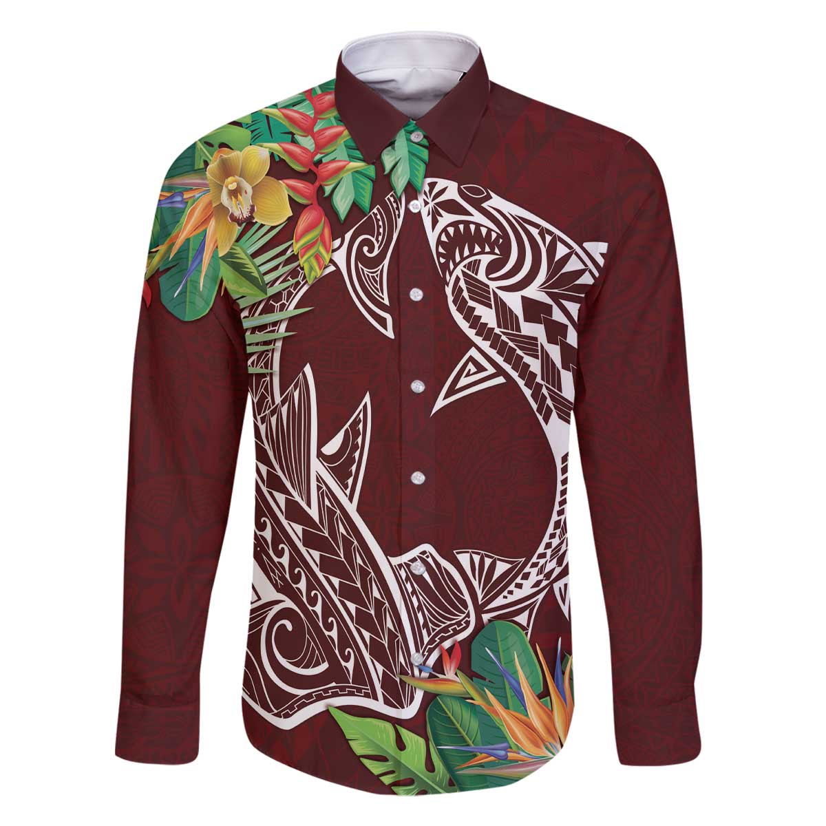 Polynesia Family Matching Off Shoulder Short Dress and Hawaiian Shirt Sharks Duo Tropical Oxblood LT7 Dad's Shirt - Long Sleeve Oxblood - Polynesian Pride