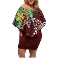 Polynesia Family Matching Off Shoulder Short Dress and Hawaiian Shirt Sharks Duo Tropical Oxblood LT7 Mom's Dress Oxblood - Polynesian Pride