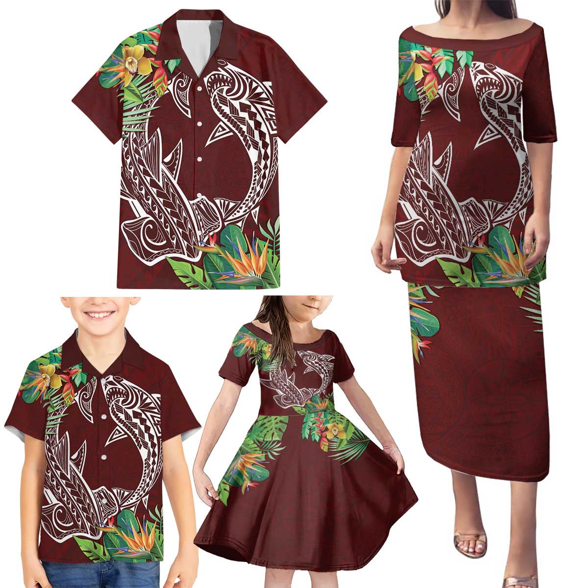 Polynesia Family Matching Puletasi and Hawaiian Shirt Sharks Duo Tropical Oxblood LT7 - Polynesian Pride