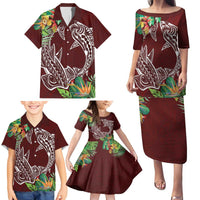 Polynesia Family Matching Puletasi and Hawaiian Shirt Sharks Duo Tropical Oxblood LT7 - Polynesian Pride