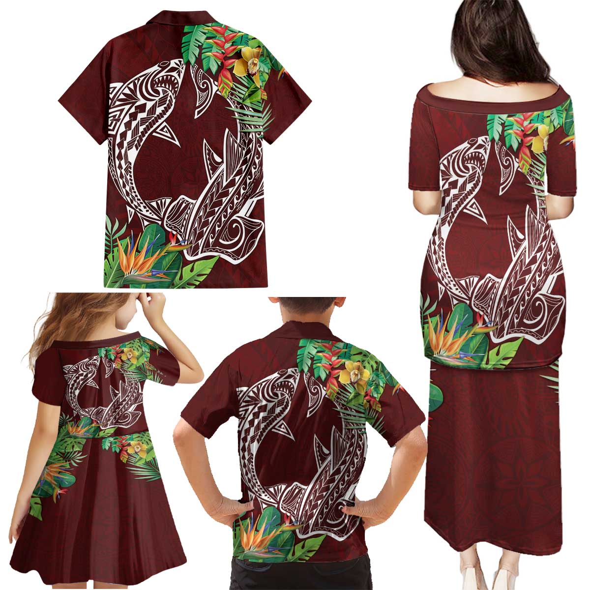 Polynesia Family Matching Puletasi and Hawaiian Shirt Sharks Duo Tropical Oxblood LT7 - Polynesian Pride