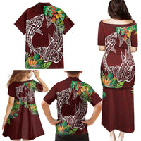 Polynesia Family Matching Puletasi and Hawaiian Shirt Sharks Duo Tropical Oxblood LT7 - Polynesian Pride