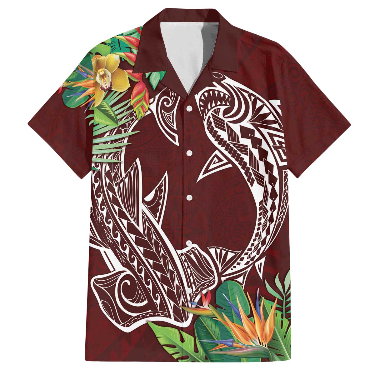 Polynesia Family Matching Puletasi and Hawaiian Shirt Sharks Duo Tropical Oxblood LT7 Dad's Shirt - Short Sleeve Oxblood - Polynesian Pride