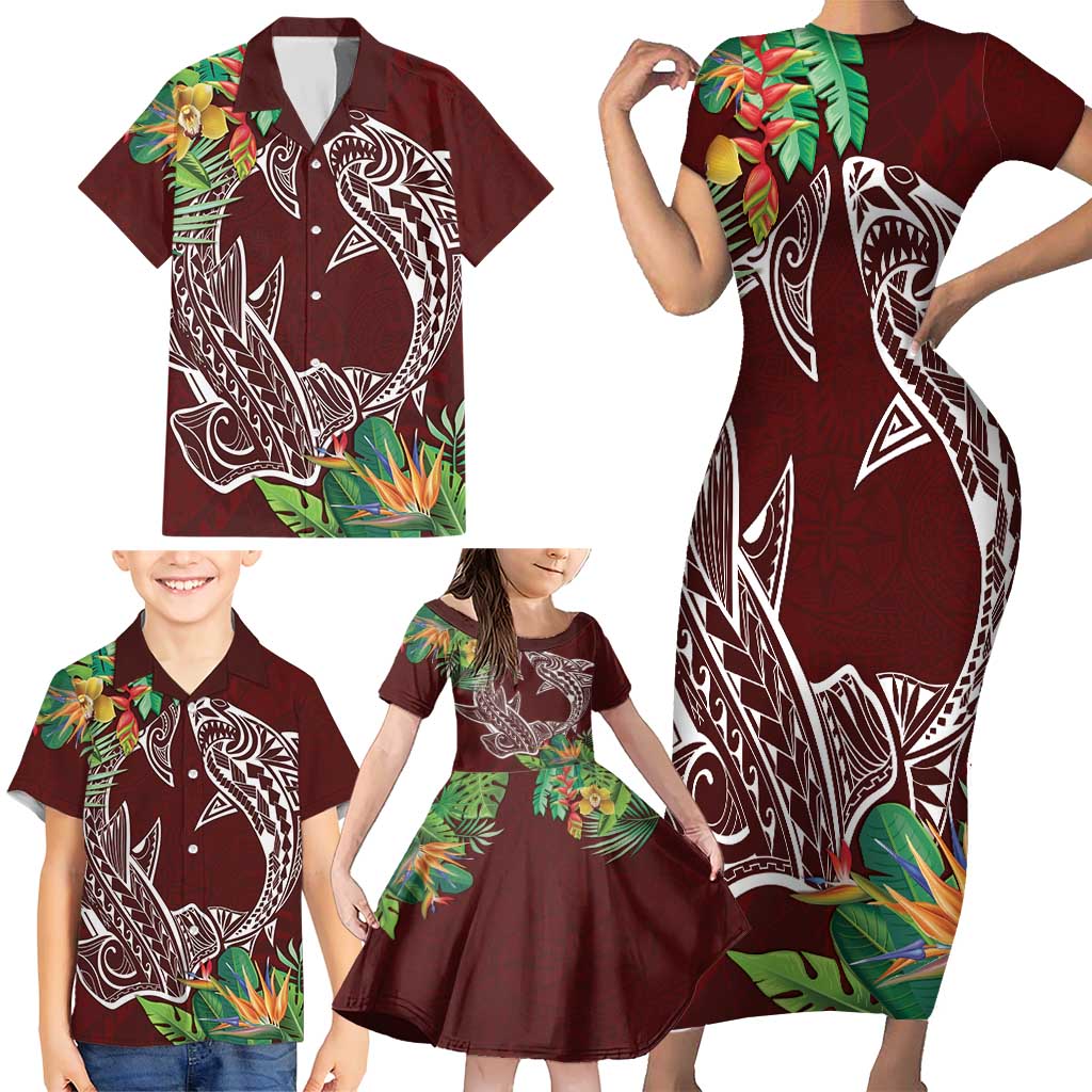 Polynesia Family Matching Short Sleeve Bodycon Dress and Hawaiian Shirt Sharks Duo Tropical Oxblood LT7 - Polynesian Pride
