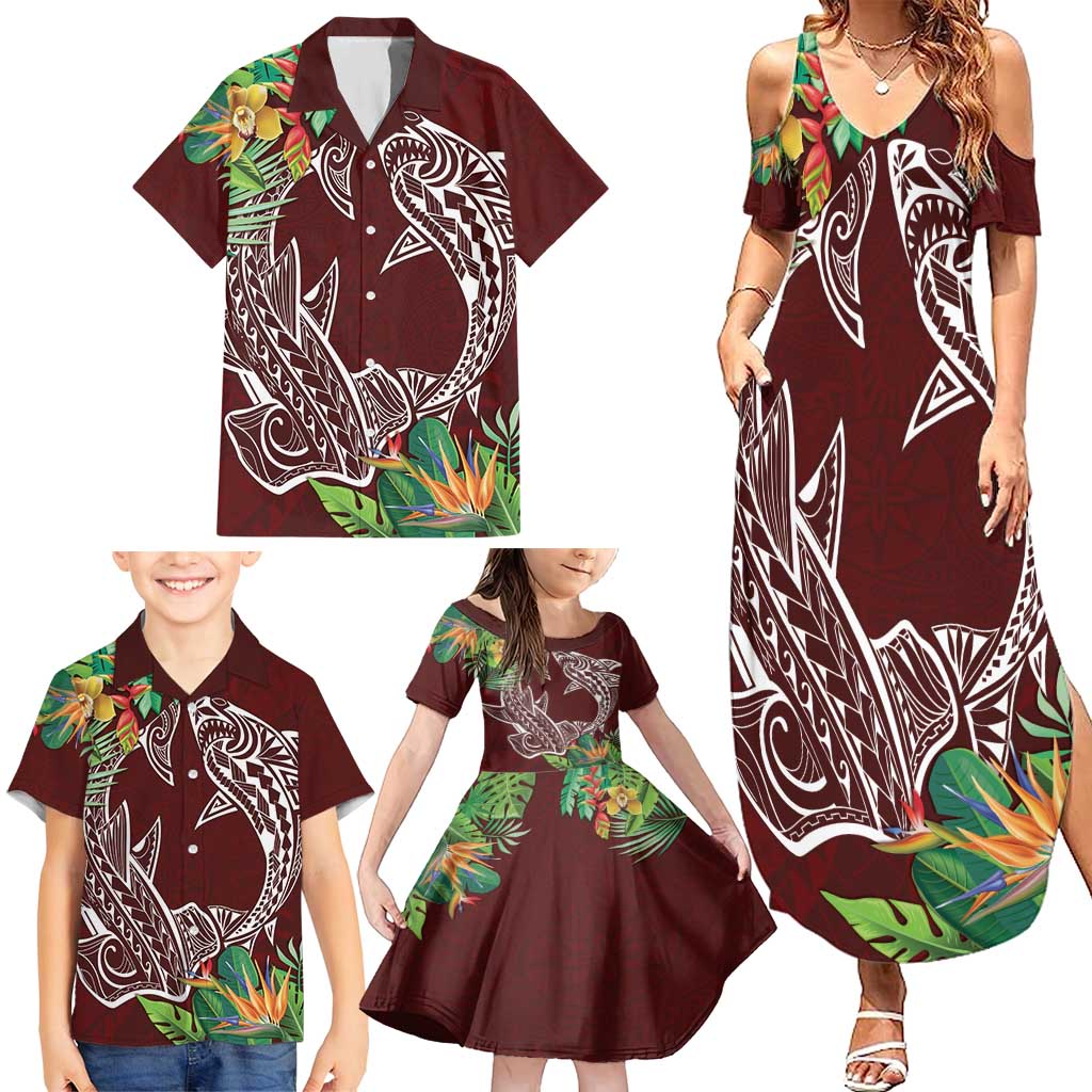 Polynesia Family Matching Summer Maxi Dress and Hawaiian Shirt Sharks Duo Tropical Oxblood LT7 - Polynesian Pride