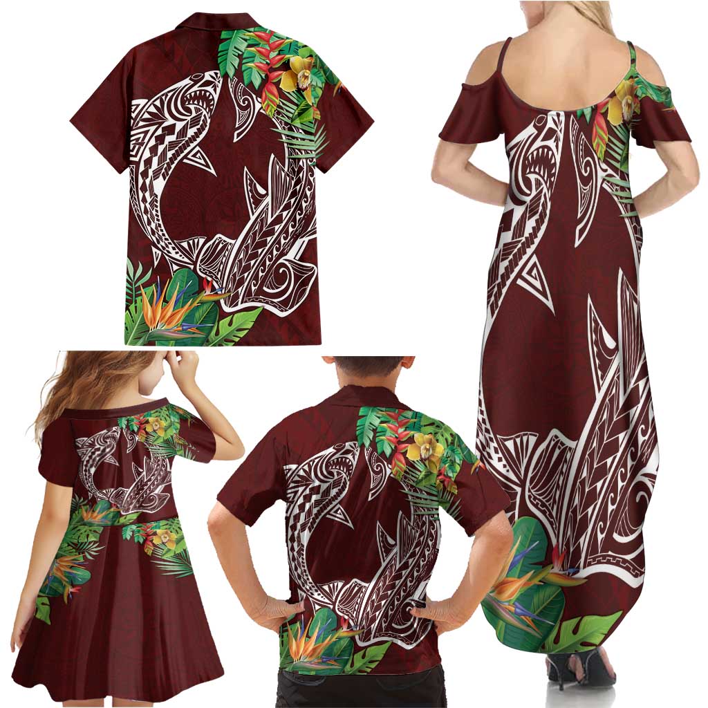 Polynesia Family Matching Summer Maxi Dress and Hawaiian Shirt Sharks Duo Tropical Oxblood LT7 - Polynesian Pride