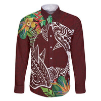 Polynesia Family Matching Summer Maxi Dress and Hawaiian Shirt Sharks Duo Tropical Oxblood LT7 Dad's Shirt - Long Sleeve Oxblood - Polynesian Pride