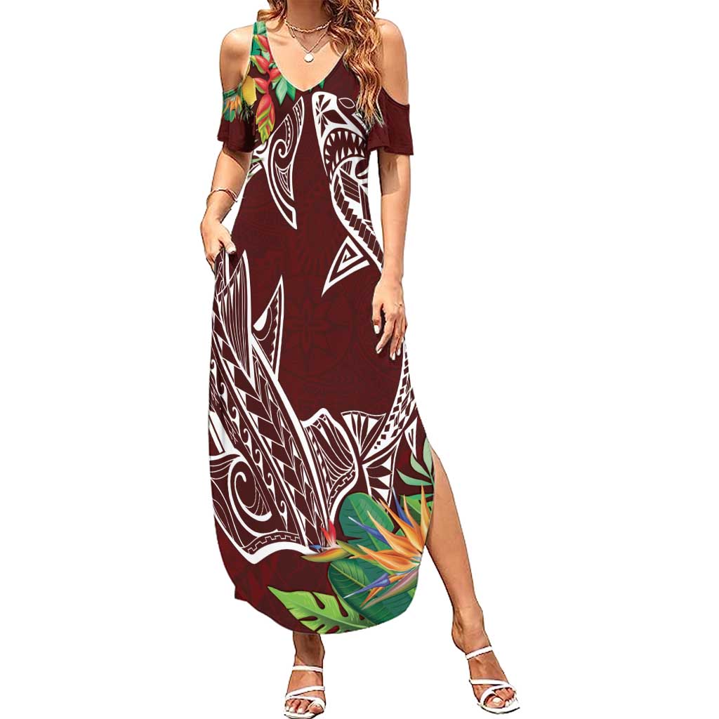 Polynesia Family Matching Summer Maxi Dress and Hawaiian Shirt Sharks Duo Tropical Oxblood LT7 Mom's Dress Oxblood - Polynesian Pride