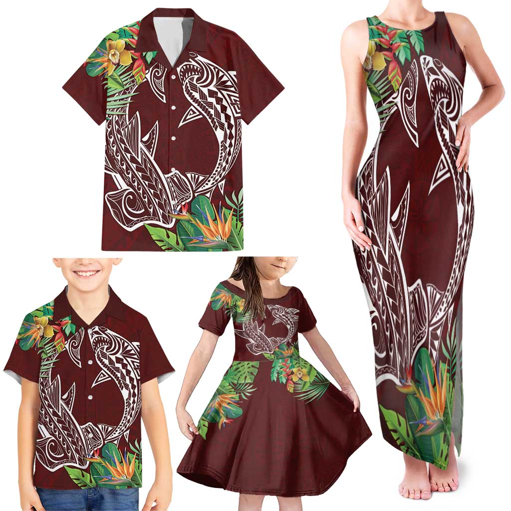 Polynesia Family Matching Tank Maxi Dress and Hawaiian Shirt Sharks Duo Tropical Oxblood LT7 - Polynesian Pride