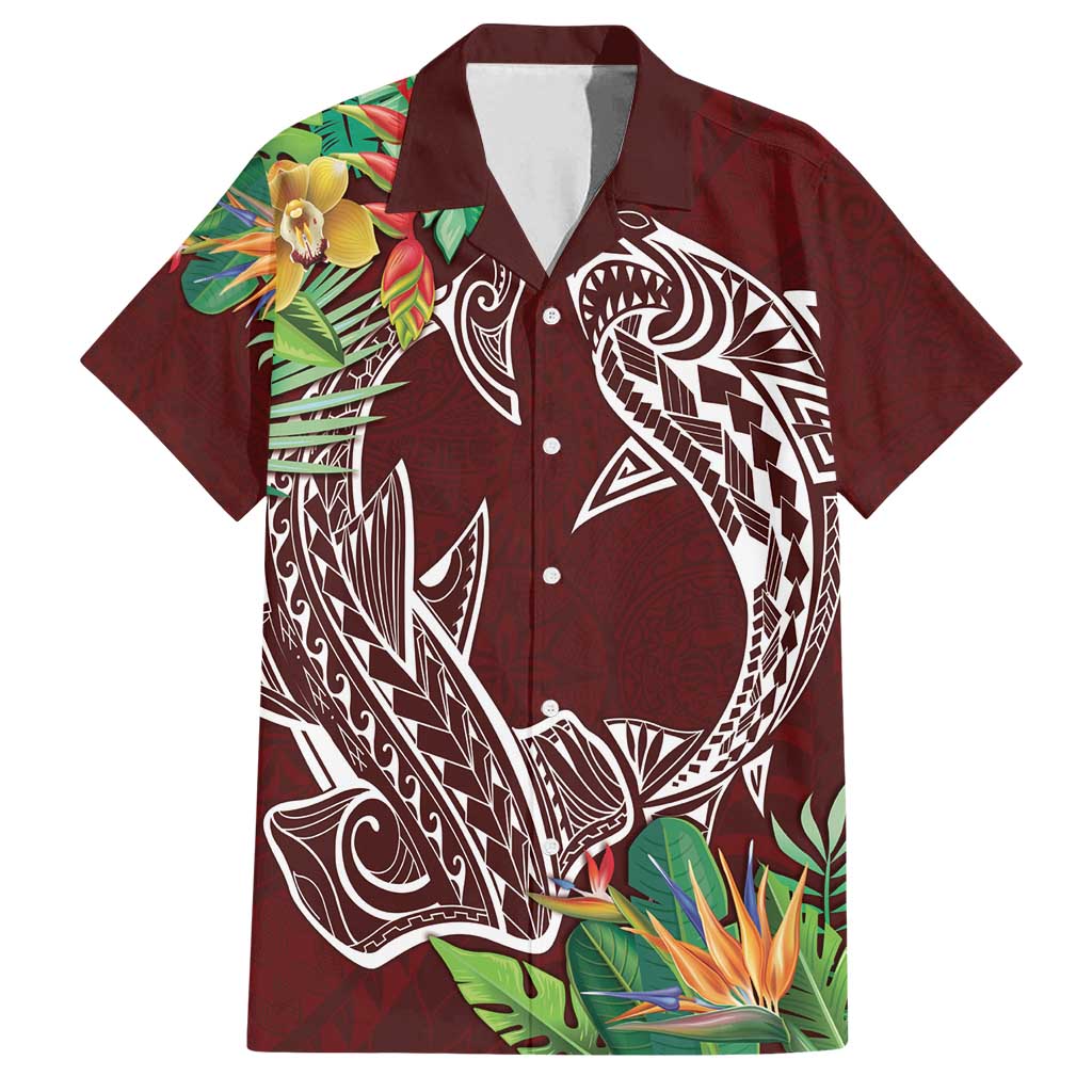 Polynesia Family Matching Tank Maxi Dress and Hawaiian Shirt Sharks Duo Tropical Oxblood LT7 Dad's Shirt - Short Sleeve Oxblood - Polynesian Pride
