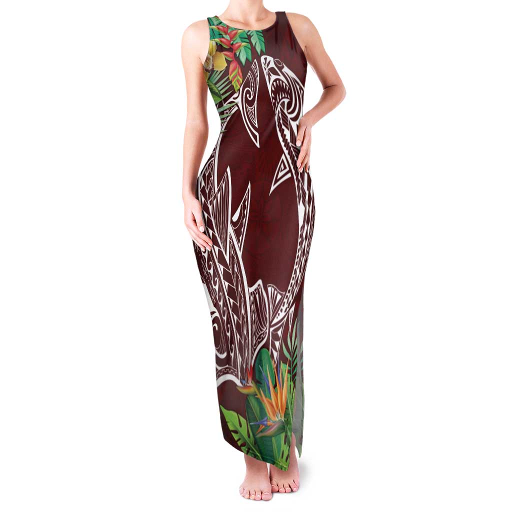 Polynesia Family Matching Tank Maxi Dress and Hawaiian Shirt Sharks Duo Tropical Oxblood LT7 Mom's Dress Oxblood - Polynesian Pride