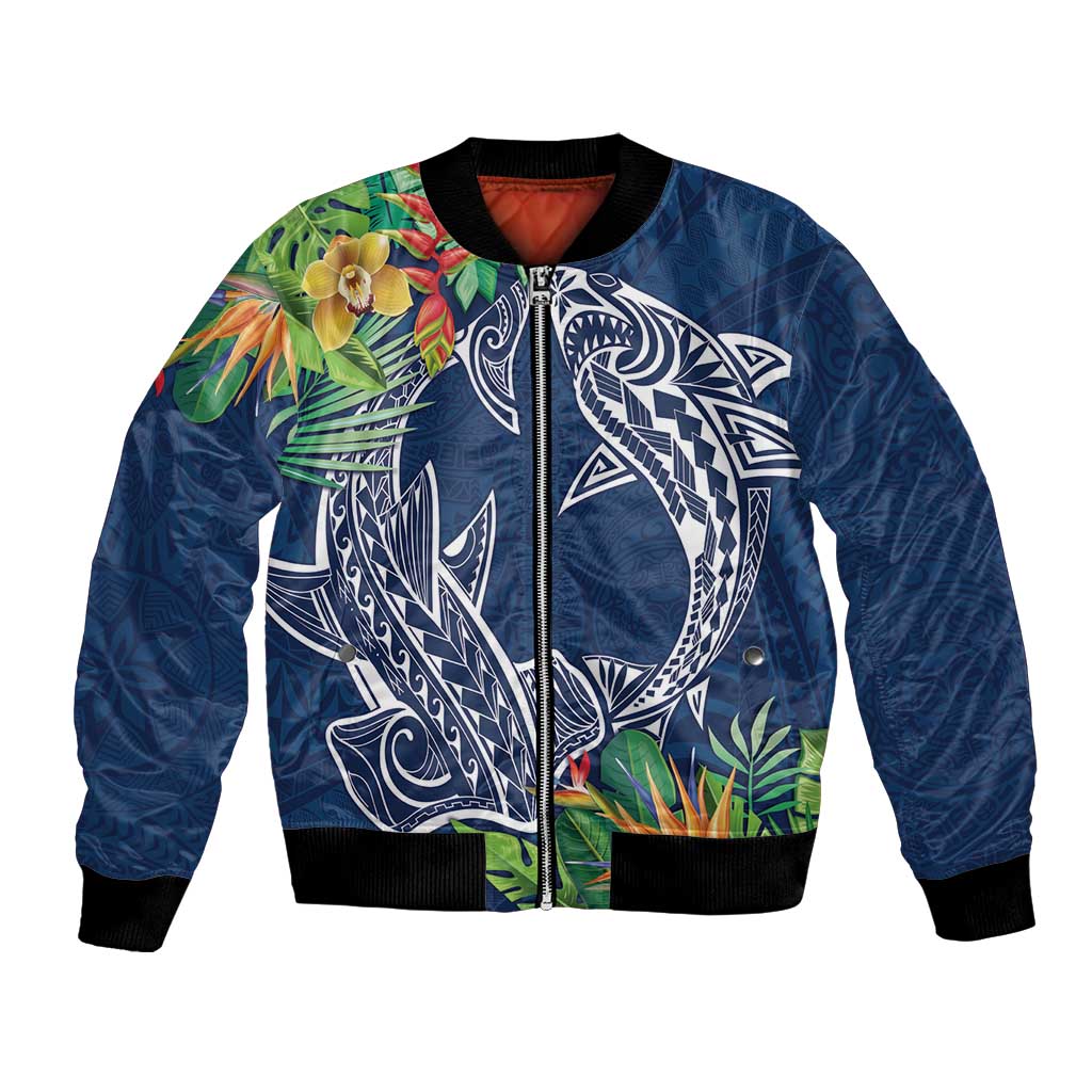 Polynesia Bomber Jacket Sharks Duo Tropical Navy LT7 Unisex Navy - Polynesian Pride
