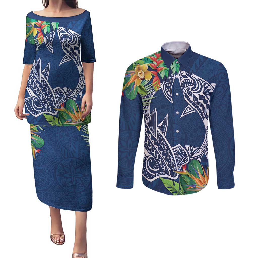 Polynesia Couples Matching Puletasi and Long Sleeve Button Shirt Sharks Duo Tropical Navy LT7 Navy - Polynesian Pride