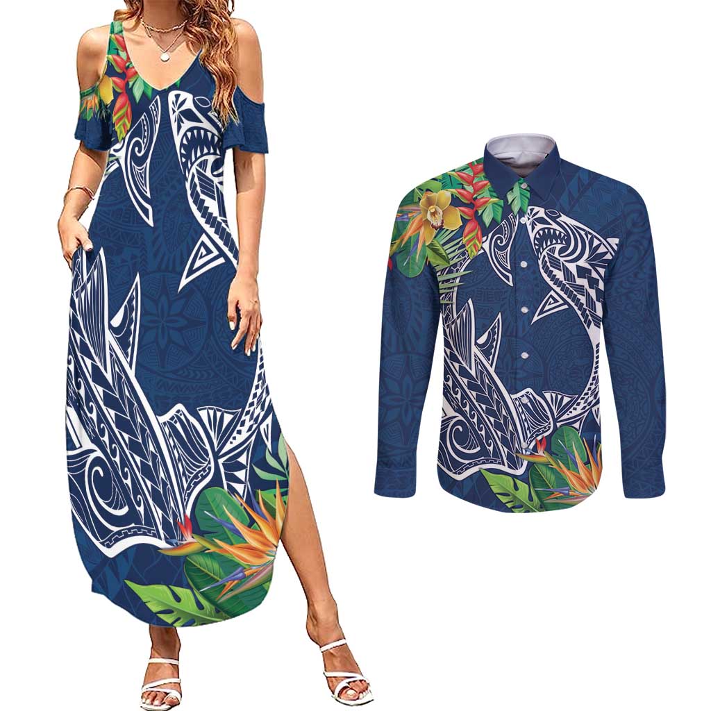 Polynesia Couples Matching Summer Maxi Dress and Long Sleeve Button Shirt Sharks Duo Tropical Navy LT7 Navy - Polynesian Pride
