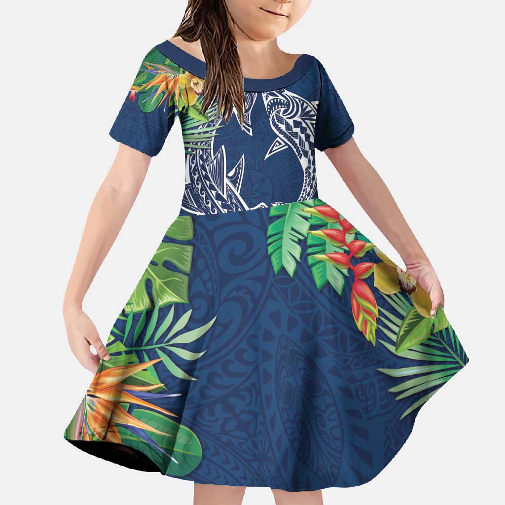 Polynesia Family Matching Long Sleeve Bodycon Dress and Hawaiian Shirt Sharks Duo Tropical Navy LT7 Daughter's Dress Navy - Polynesian Pride