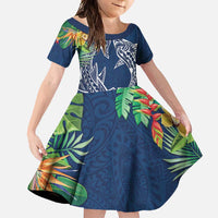 Polynesia Family Matching Long Sleeve Bodycon Dress and Hawaiian Shirt Sharks Duo Tropical Navy LT7 Daughter's Dress Navy - Polynesian Pride