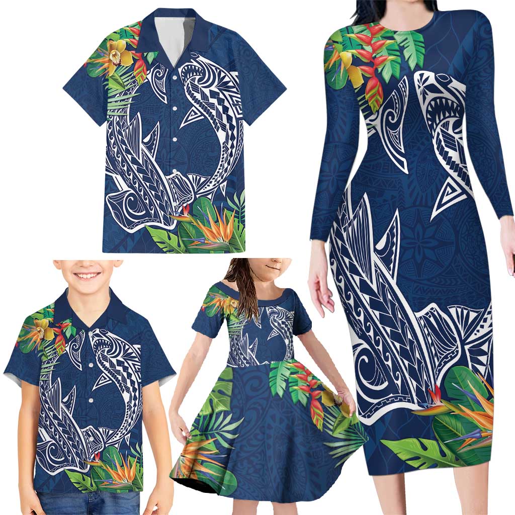 Polynesia Family Matching Long Sleeve Bodycon Dress and Hawaiian Shirt Sharks Duo Tropical Navy LT7 - Polynesian Pride