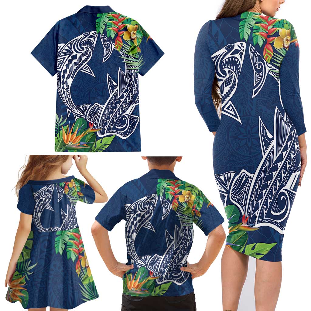 Polynesia Family Matching Long Sleeve Bodycon Dress and Hawaiian Shirt Sharks Duo Tropical Navy LT7 - Polynesian Pride