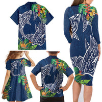 Polynesia Family Matching Long Sleeve Bodycon Dress and Hawaiian Shirt Sharks Duo Tropical Navy LT7 - Polynesian Pride