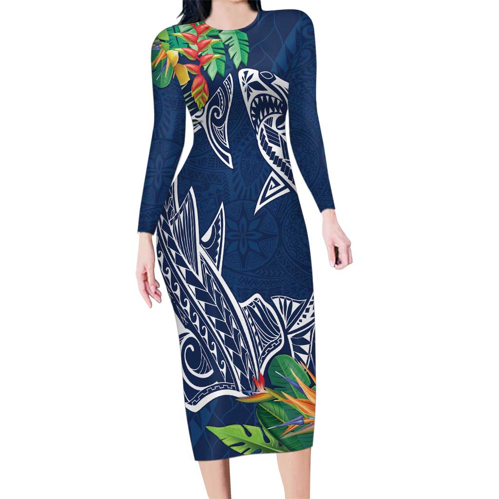 Polynesia Family Matching Long Sleeve Bodycon Dress and Hawaiian Shirt Sharks Duo Tropical Navy LT7 Mom's Dress Navy - Polynesian Pride