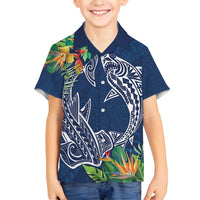 Polynesia Family Matching Long Sleeve Bodycon Dress and Hawaiian Shirt Sharks Duo Tropical Navy LT7 Son's Shirt Navy - Polynesian Pride
